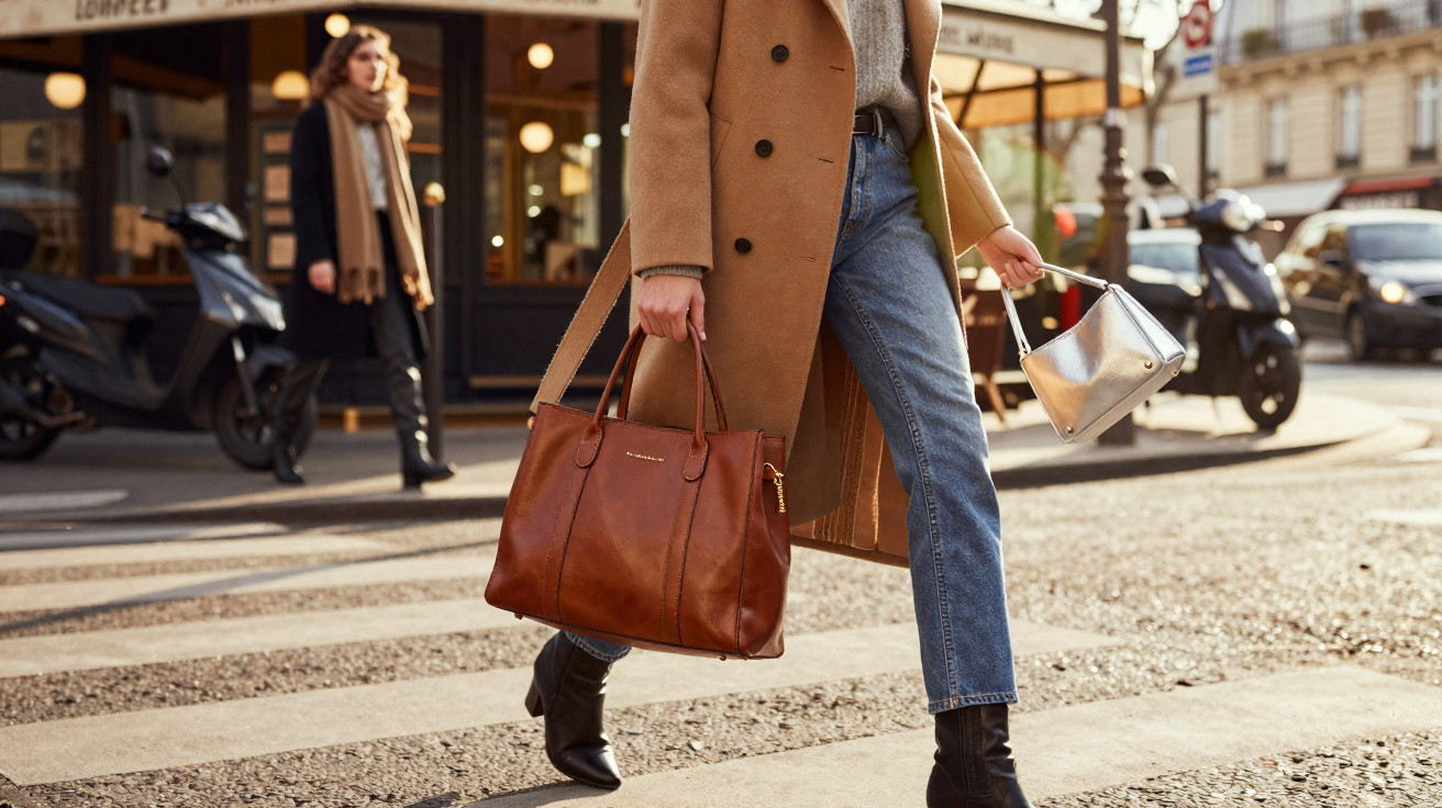 Pessoa caminhando na rua com casaco bege, jeans, bota preta e duas bolsas, uma marrom e outra prata.