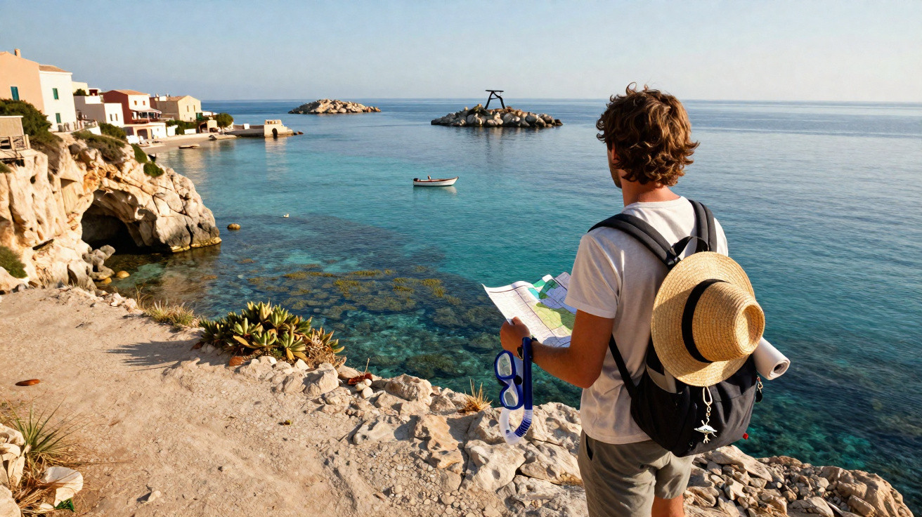 Homem com mochila e chapéu segurando mapa e snorkel à beira de mar azul com pequenas ilhas e barcos.