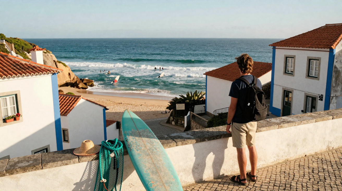 Homem com mochila observa surfistas no mar em vila de casas brancas com telhado vermelho na praia.