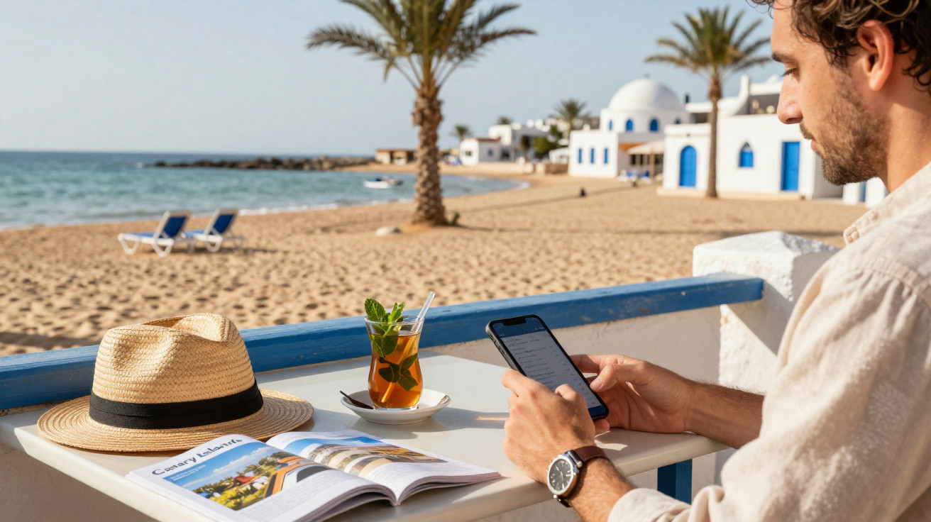 Homem usando celular em mesa com chapéu, livro e bebida em área externa de praia com coqueiros e construções brancas.