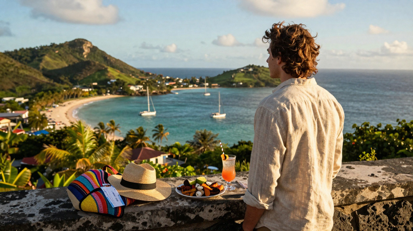 Homem de costas observa praia com barcos e montanhas, mesa com chapéu, toalha e comida.