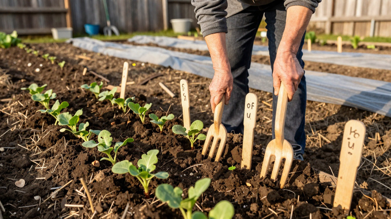 Pessoa usando ferramentas de jardinagem para cuidar de mudas em canteiros ao ar livre.