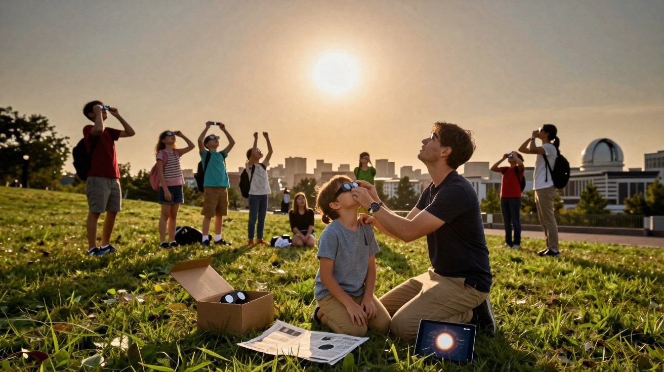 Grupo de pessoas observando o sol com óculos especiais em campo aberto ao pôr do sol.