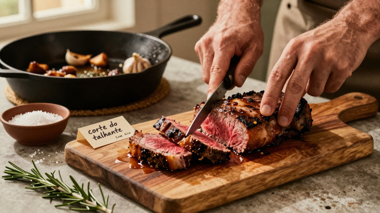 Mãos fatiando bife malpassado em tábua de madeira com prato de alho e sal ao lado.