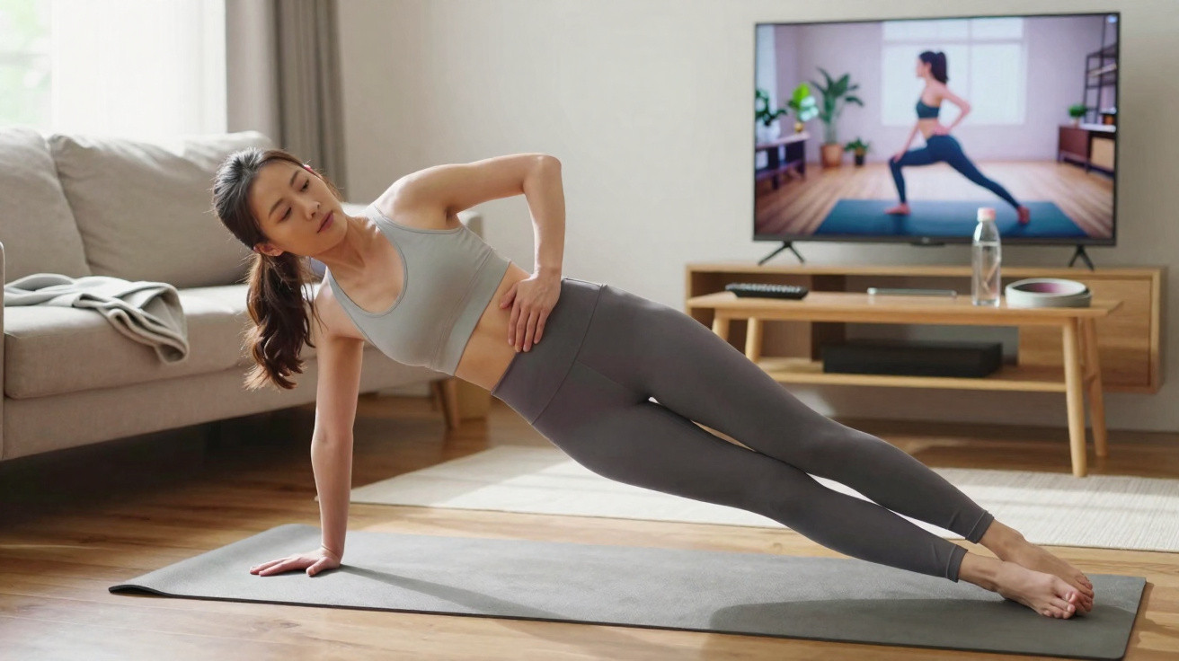 Mulher fazendo exercício de prancha lateral em tapete, acompanhando treino mostrado na TV da sala.