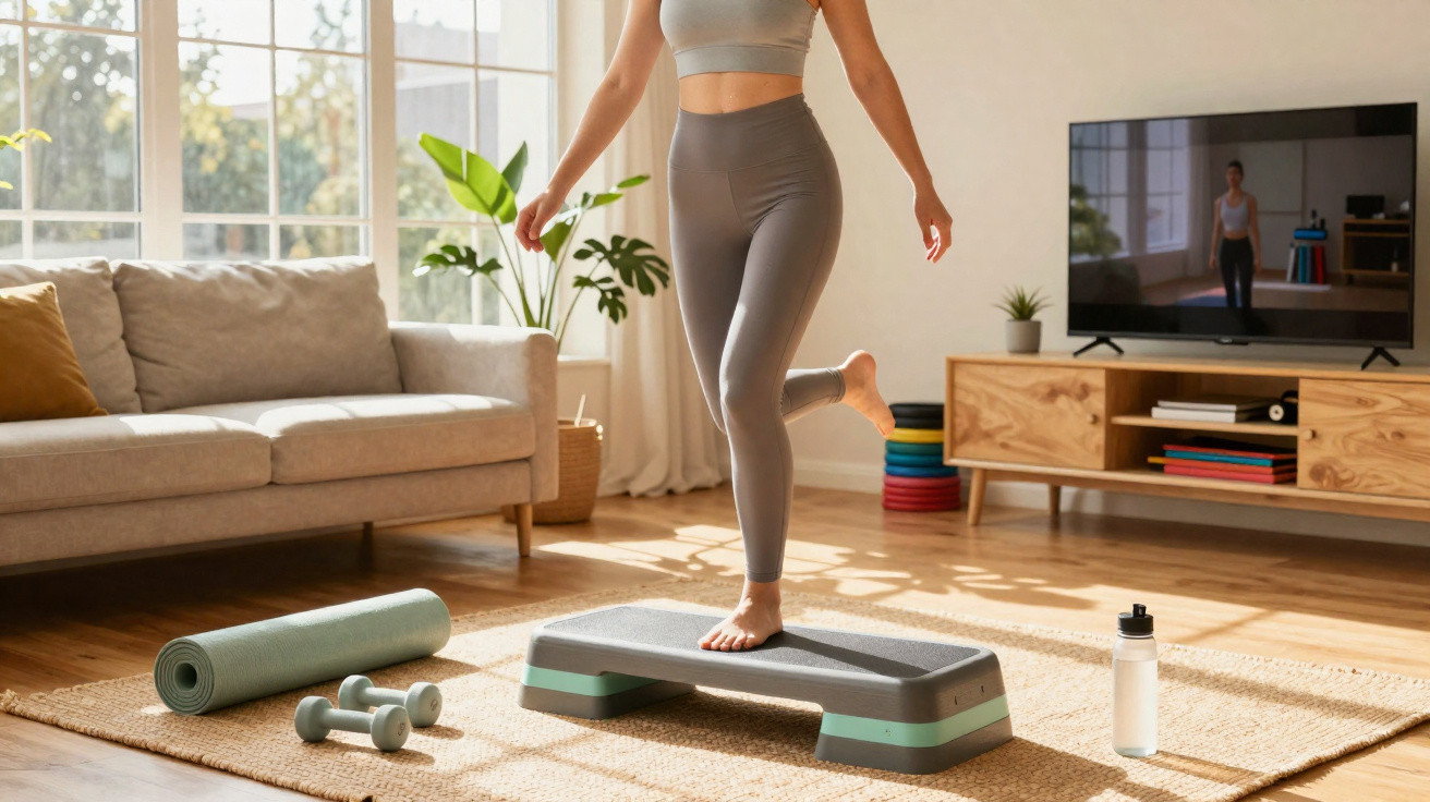 Mulher fazendo exercício em casa com step, tapete, halteres e garrafa de água na sala iluminada.