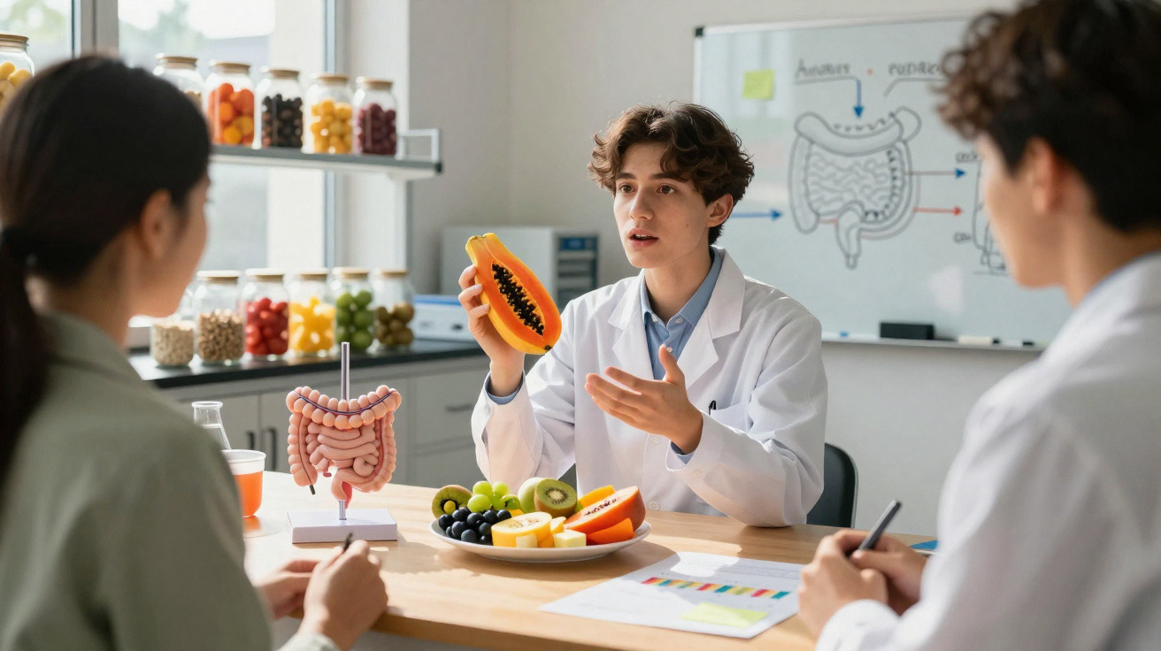 Jovem cientista em jaleco explicando a importância da alimentação para o sistema digestivo a duas pessoas.
