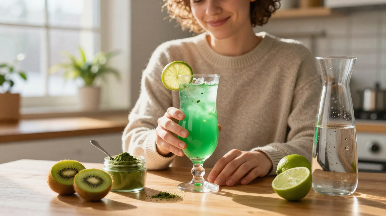 Pessoa segurando copo com bebida verde, fatias de kiwi e limão sobre mesa de madeira.