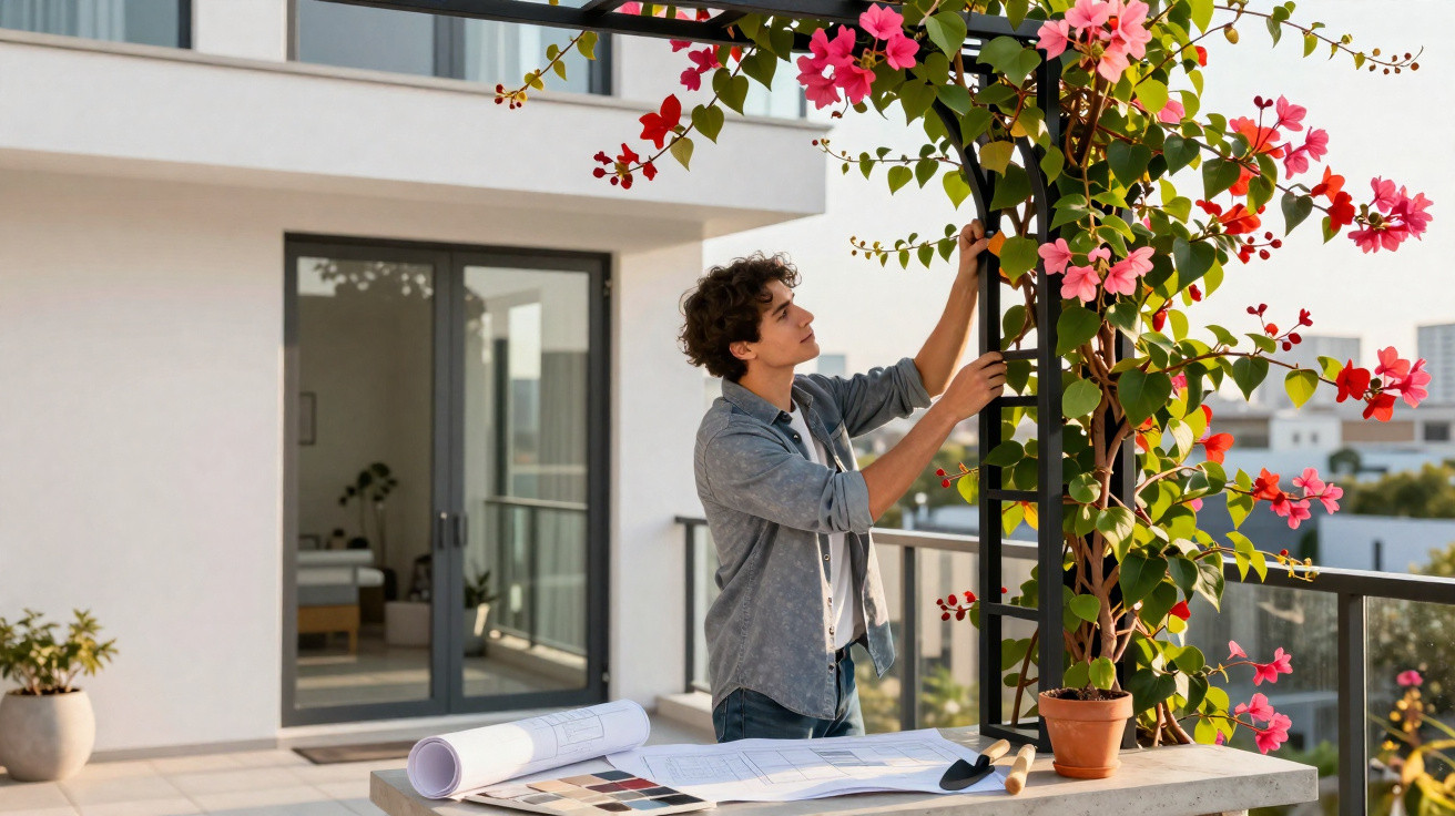 Jovem arrumando treliça com flores cor-de-rosa em varanda, com plantas e plantas arquitetônicas sobre mesa.