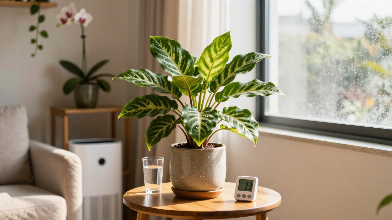 Planta verde em vaso cinza sobre mesa redonda de madeira ao lado de copo d'água e termômetro digital junto a janela.