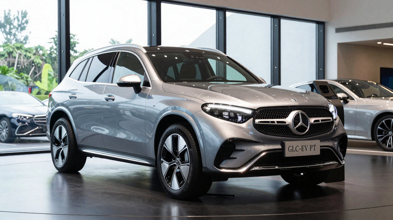 Carro Mercedes-Benz GLC elétrico cinza exposto em showroom com janelas grandes ao fundo.
