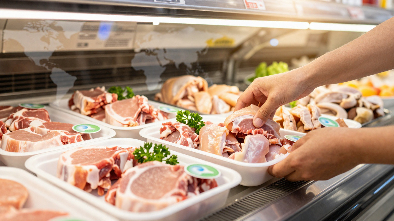 Mãos pegando pedaço de frango em bandeja com carnes variadas expostas em balcão de açougue.