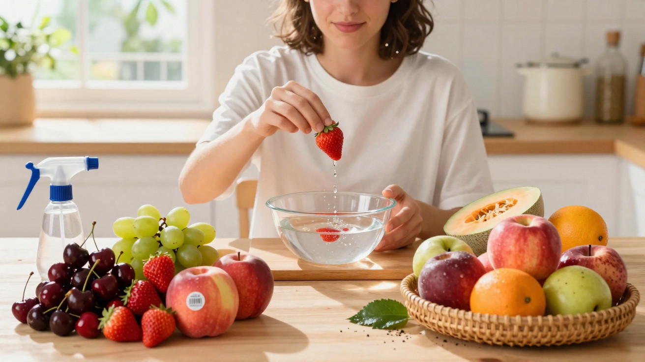 Mulher lavando morango em uma tigela de vidro na mesa com várias frutas frescas ao redor.