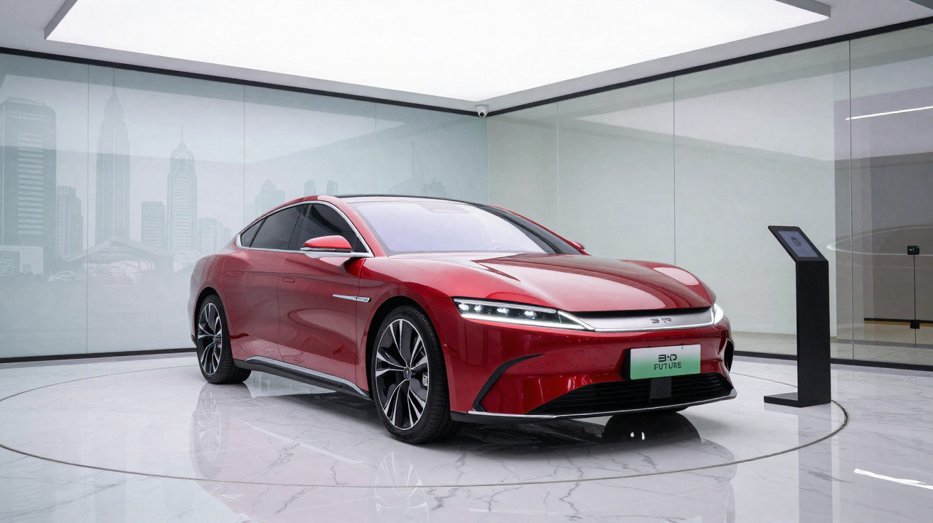 Carro elétrico sedã vermelho exibido em showroom moderno com piso branco e paredes de vidro.