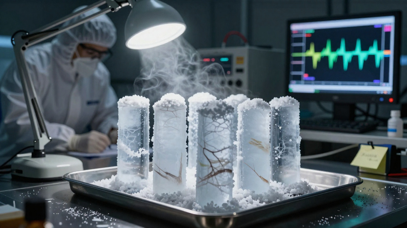 Tubos de ensaio com amostras congeladas liberando vapor em laboratório com cientista ao fundo.
