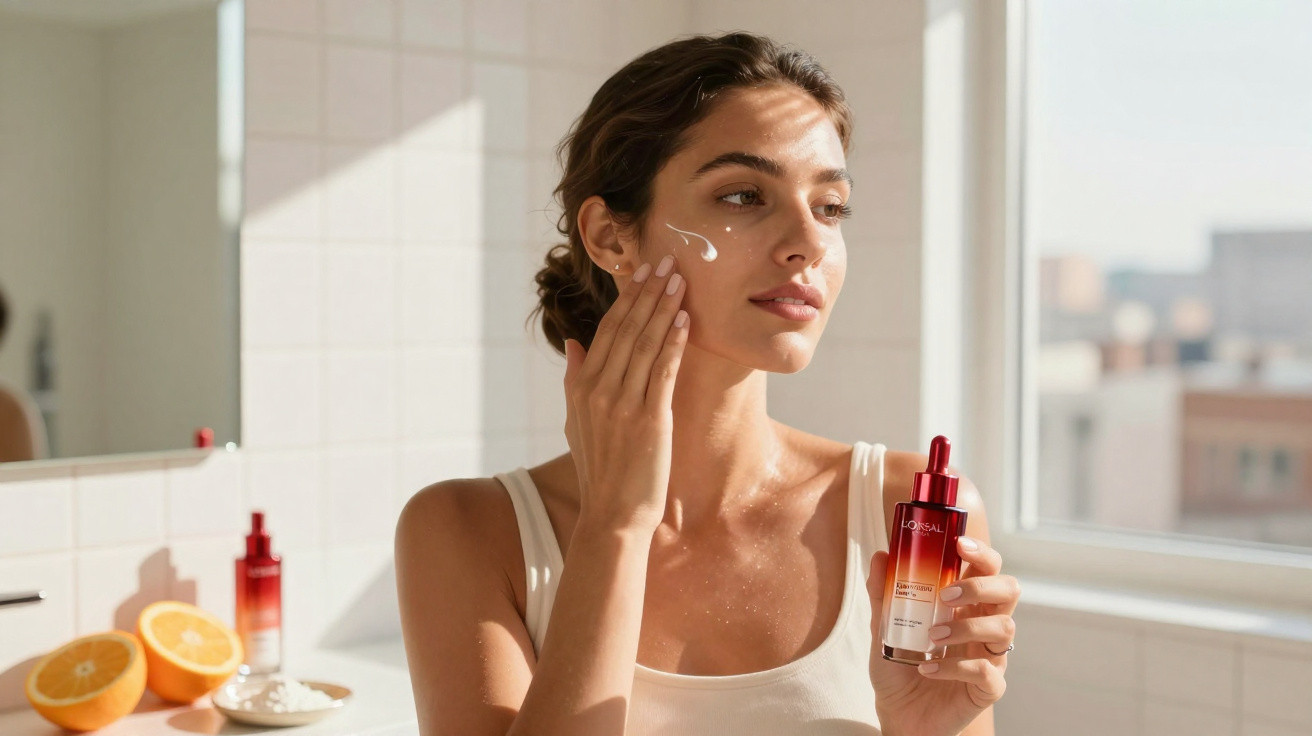 Mulher aplicando creme facial em ambiente iluminado, segurando frasco de cosmético vermelho.