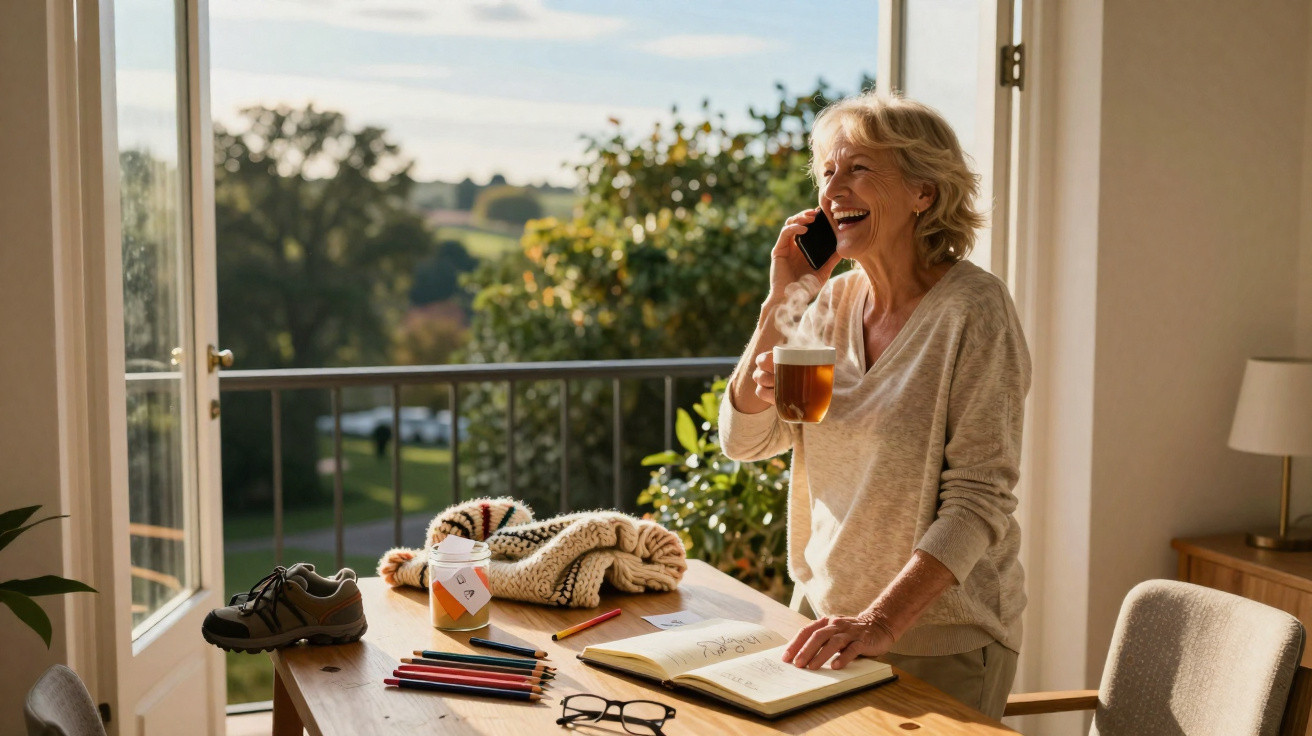 Mulher sorridente segurando chá e falando ao telefone em mesa perto da varanda ensolarada.
