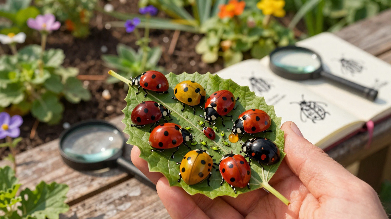 Mão segurando folha verde com várias joaninhas vermelhas, amarelas e pretas em ambiente ao ar livre.