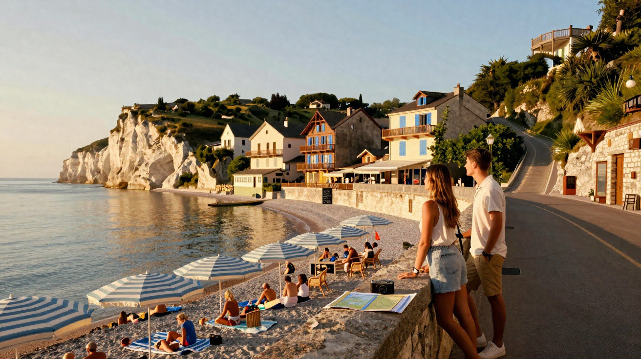 Casal observa praia com guarda-sóis e casas coloridas ao entardecer em litoral com falésias.