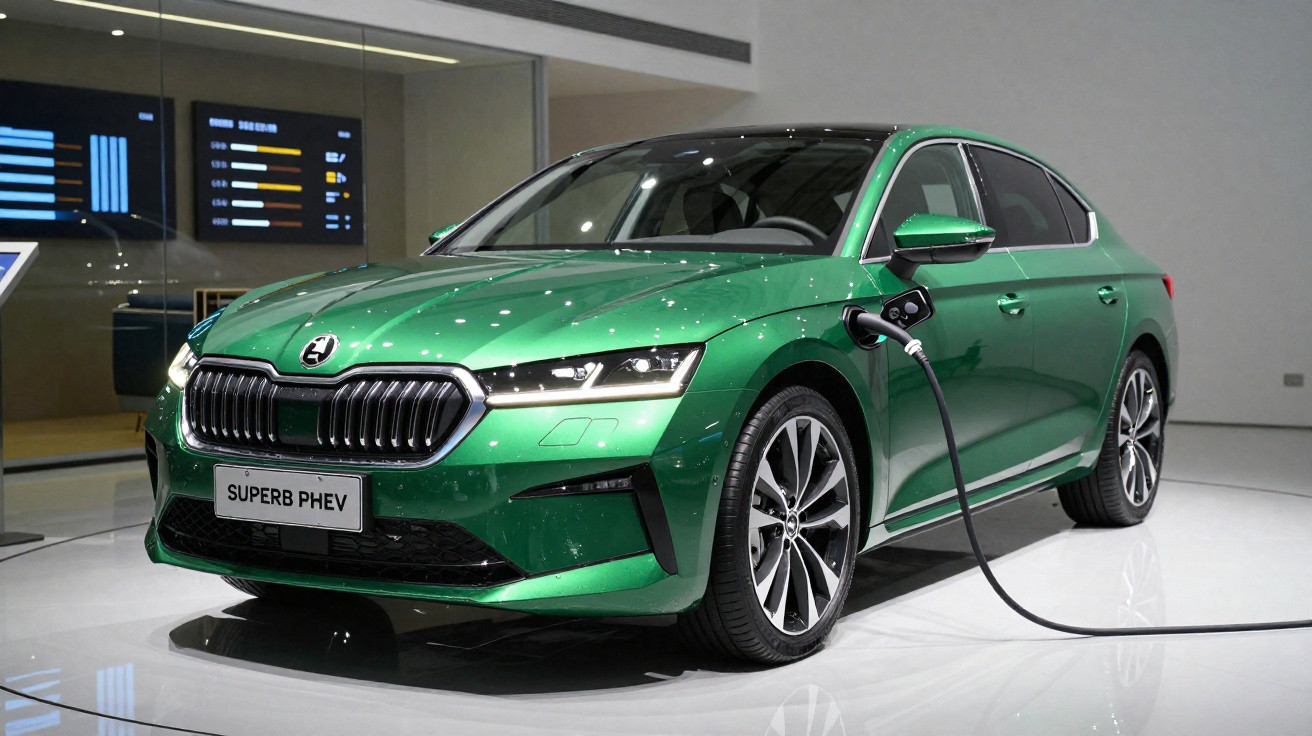 Carro elétrico verde Skoda Superb PHEV em exposição, conectado ao carregador em ambiente interno.
