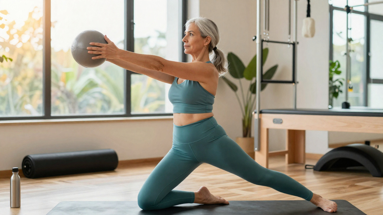 Mulher adulta fazendo exercício com bola cinza em estúdio de pilates com luz natural.