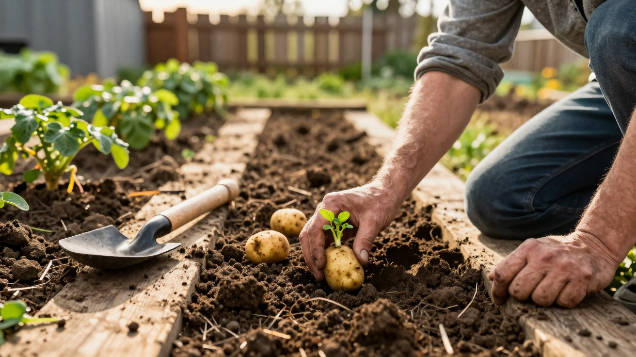 Pessoa plantando batata com broto em solo preparado em canteiro de jardim ensolarado.