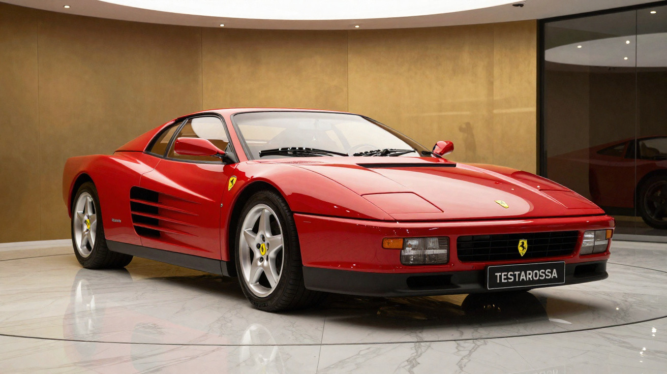 Carro esportivo Ferrari Testarossa vermelho exibido em ambiente interno com piso de mármore.