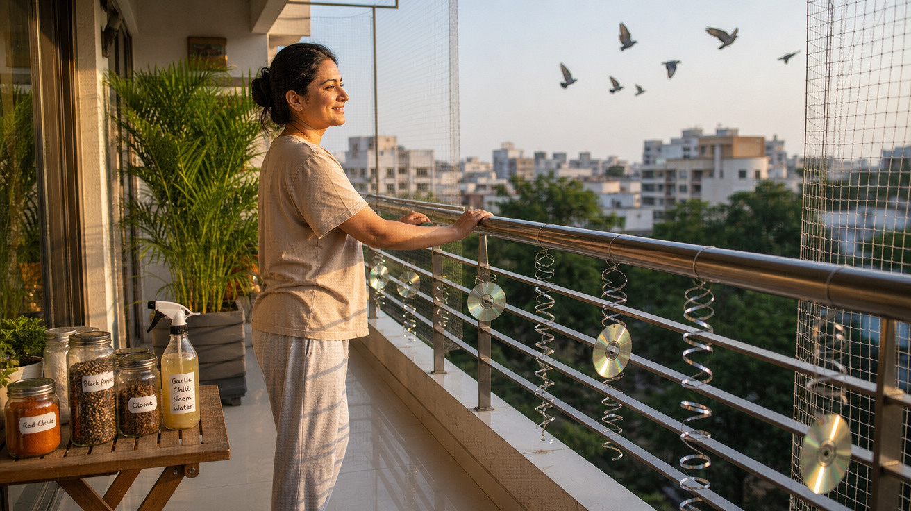 Mulher sorridente aproveita a vista do pôr do sol na varanda de apartamento com prédios ao fundo.