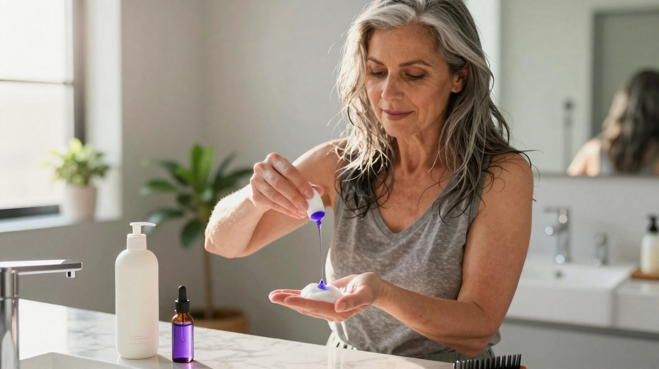Mulher madura aplicando loção roxa na mão em banheiro moderno com produtos de beleza à frente.