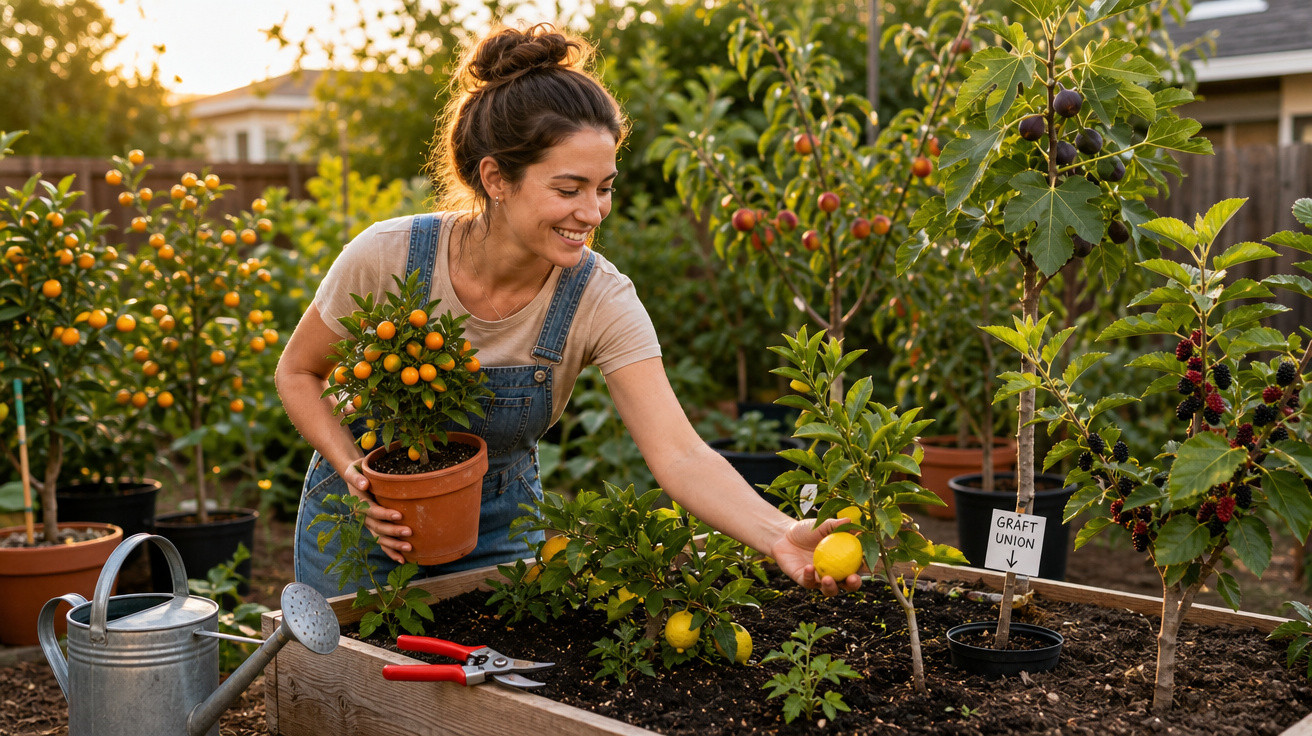 Mulher sorrindo colhendo frutas cítricas em jardim com plantas em vasos e canteiro elevado ao ar livre.
