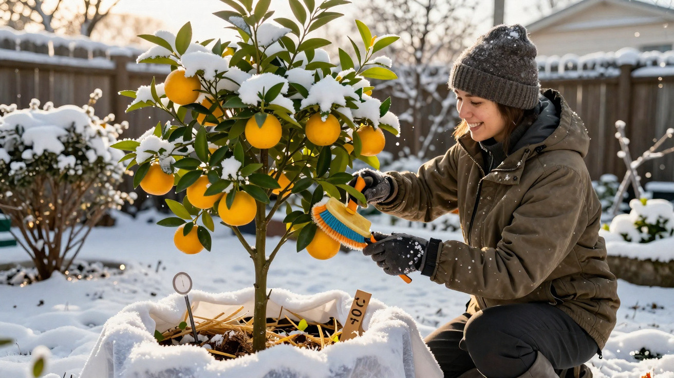 Mulher sorridente usa broxa para limpar árvore de laranjas coberta de neve em jardim no inverno.