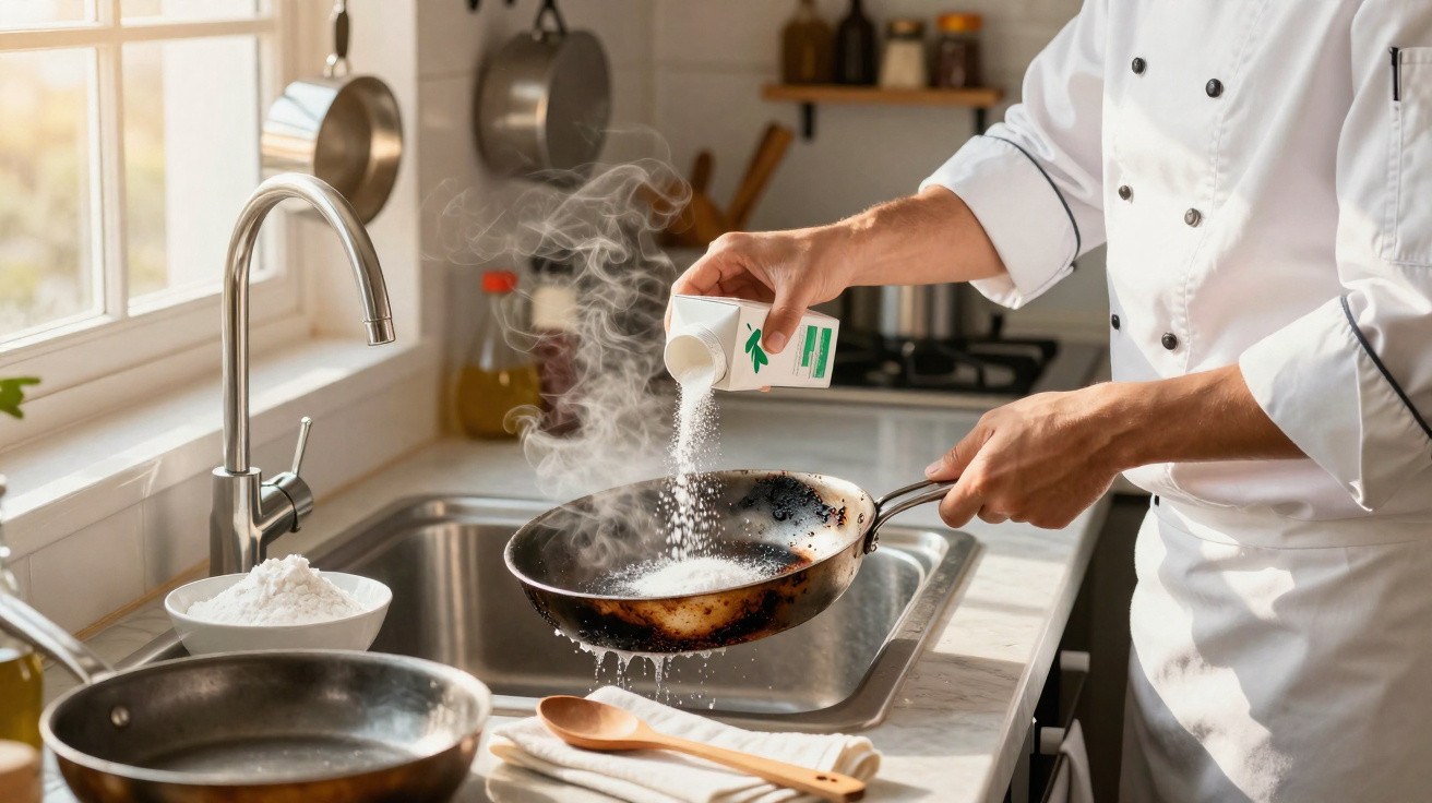 Chef adiciona tempero em frigideira quente com vapor na cozinha clara e organizada.