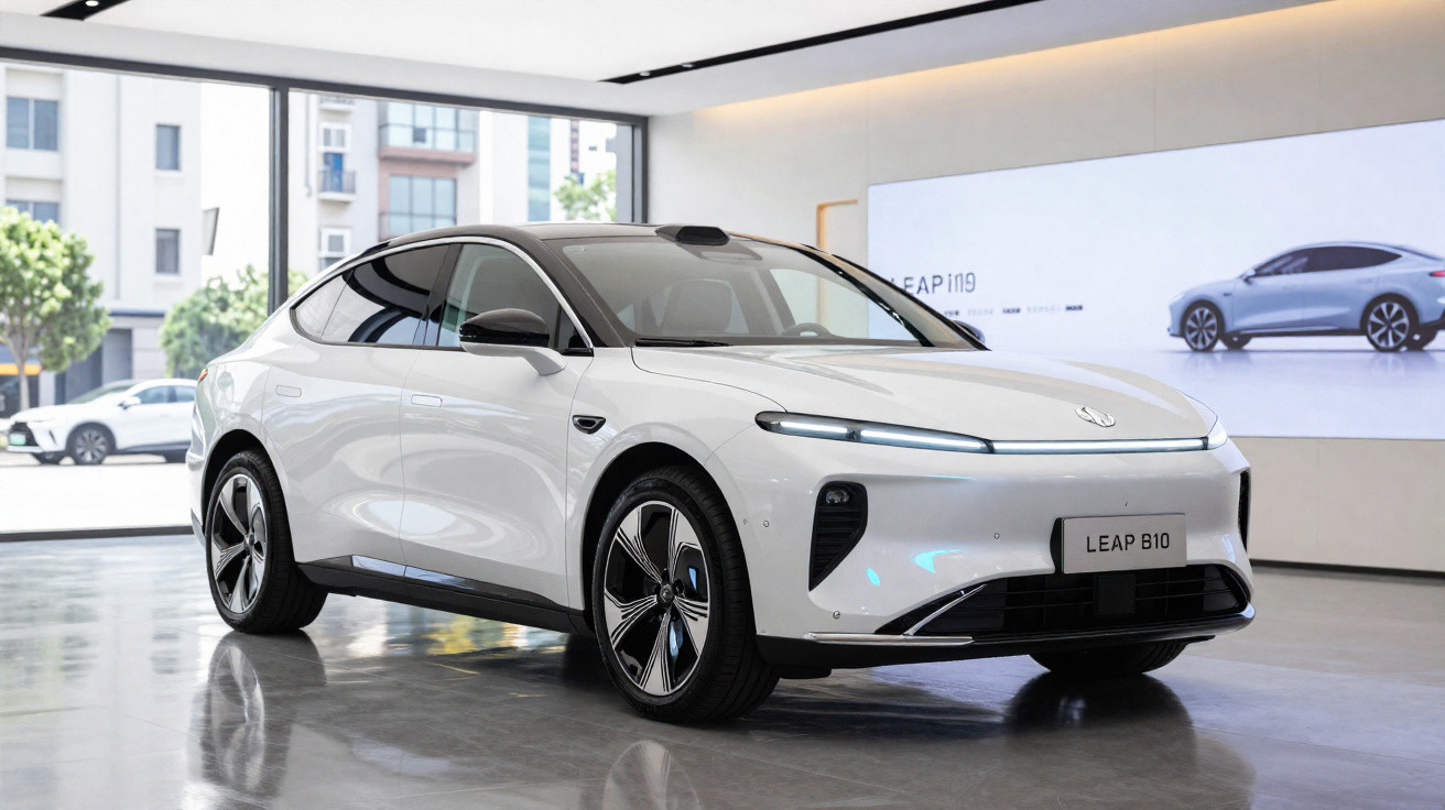 Carro elétrico branco LEAP 810 exibido em showroom moderno com iluminação natural.