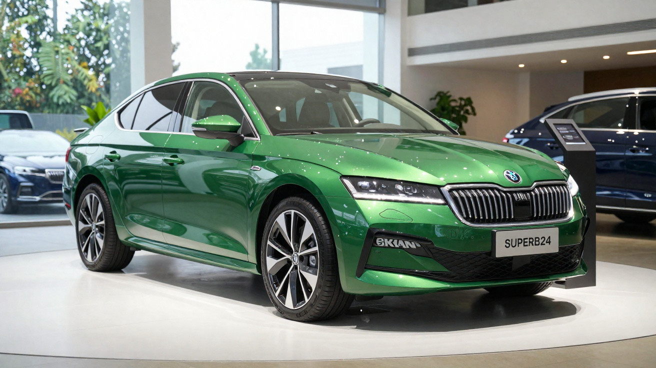 Carro sedan verde metálico Skoda Superb exibido em showroom moderno com piso branco e grandes janelas.