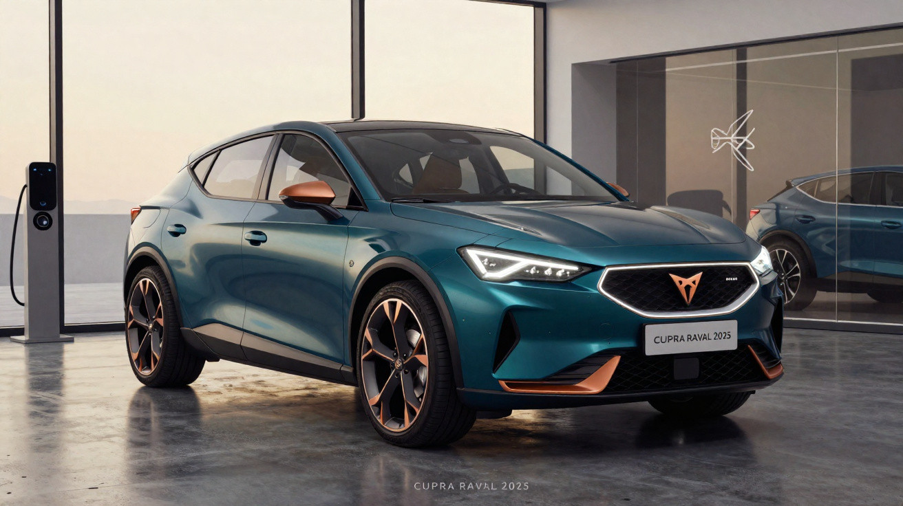 Carro elétrico Cupra Raval 2025 azul com detalhes em cobre estacionado em showroom moderno.