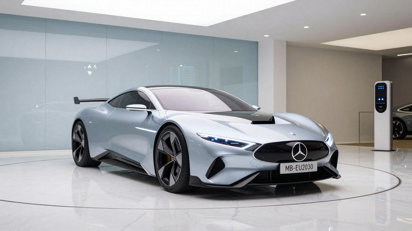 Carro esportivo Mercedes-Benz prata estacionado em ambiente interno moderno com carregador elétrico ao fundo.