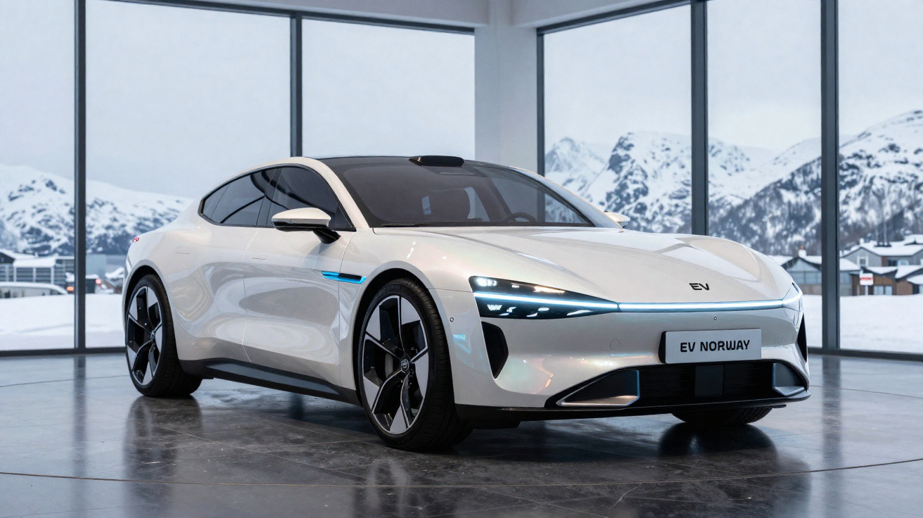 Carro elétrico branco moderno em showroom com janelas grandes e cenário de montanhas nevadas ao fundo.