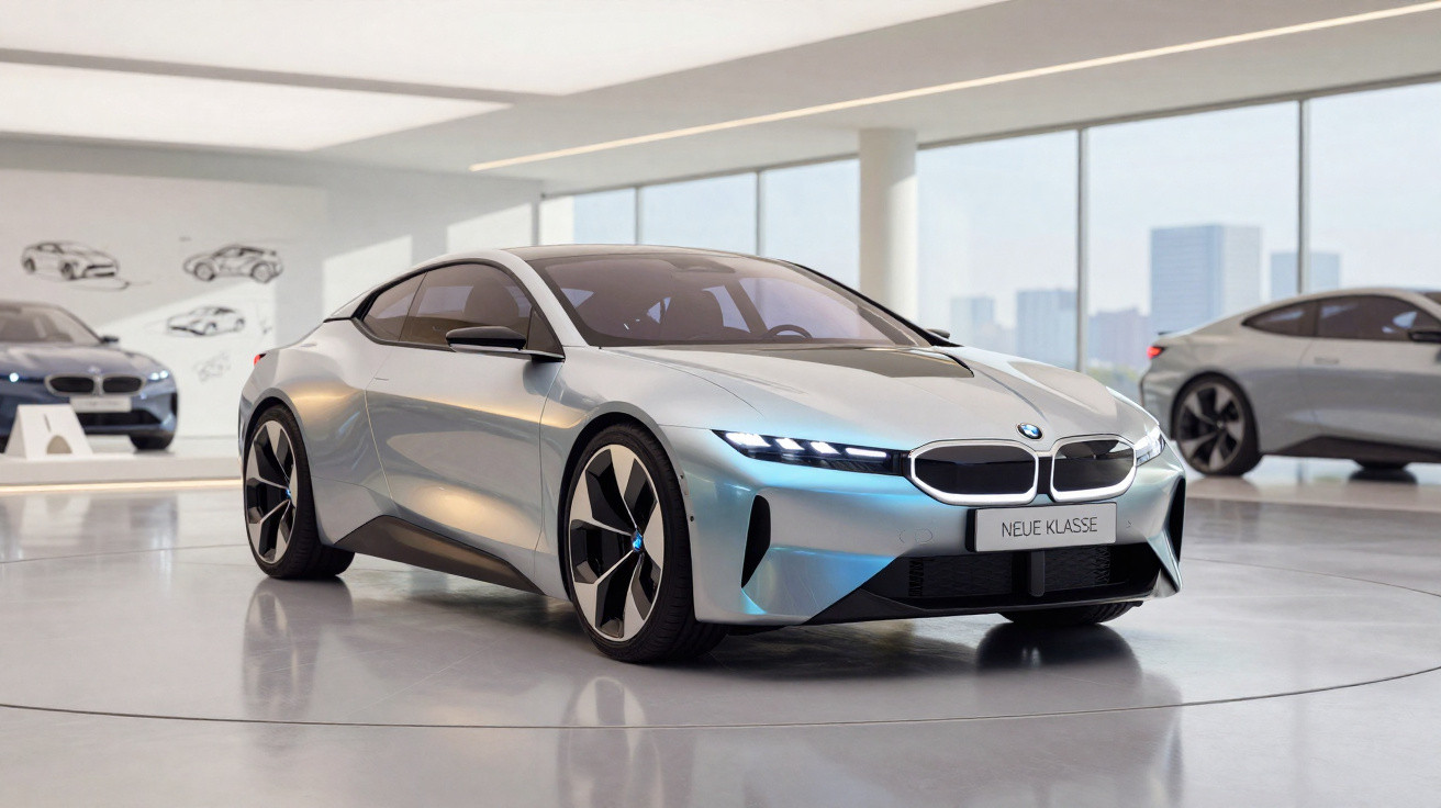 Carro esportivo BMW prata com design futurista em exposição dentro de salão moderno e iluminado.