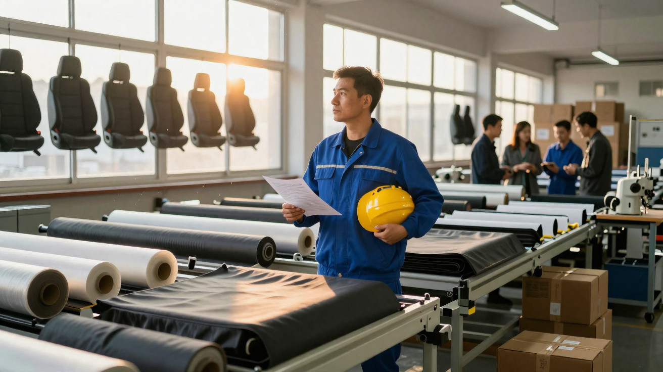 Homem com uniforme azul e capacete amarelo observa materiais em fábrica com grupo reunido ao fundo.