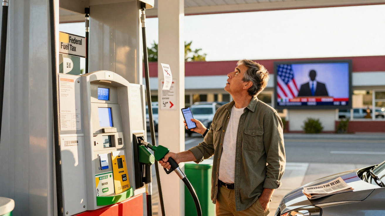 Homem em posto de gasolina segura bomba de combustível e consulta celular enquanto olha para tela do painel.