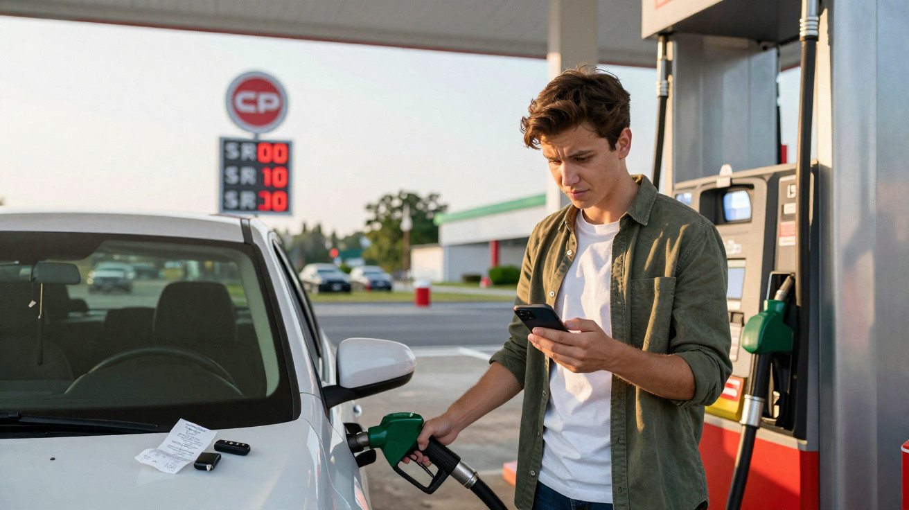 Homem abastecendo carro e olhando para celular em posto de gasolina ao ar livre.
