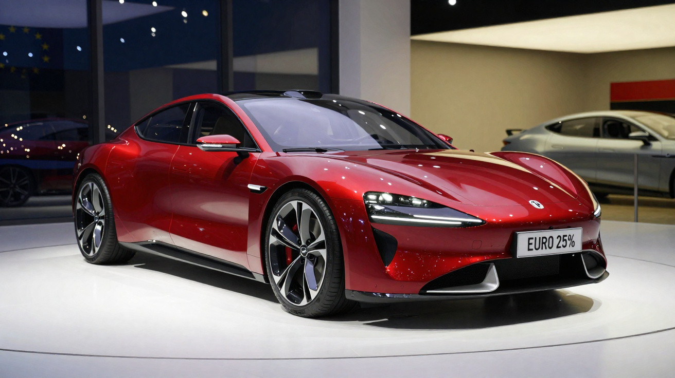 Carro esportivo elétrico vermelho em exposição com design aerodinâmico e iluminação moderna.