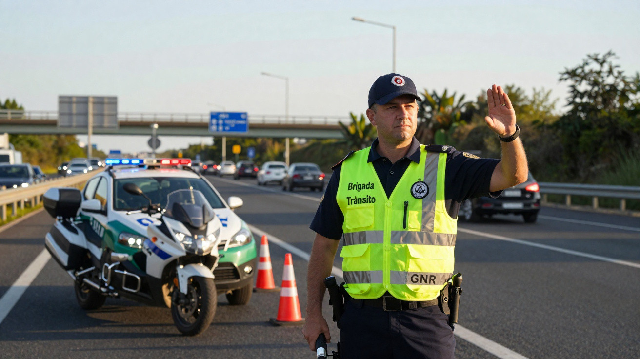 Policial da Brigada de Trânsito em colete refletivo sinaliza parada em rodovia com veículos ao fundo.