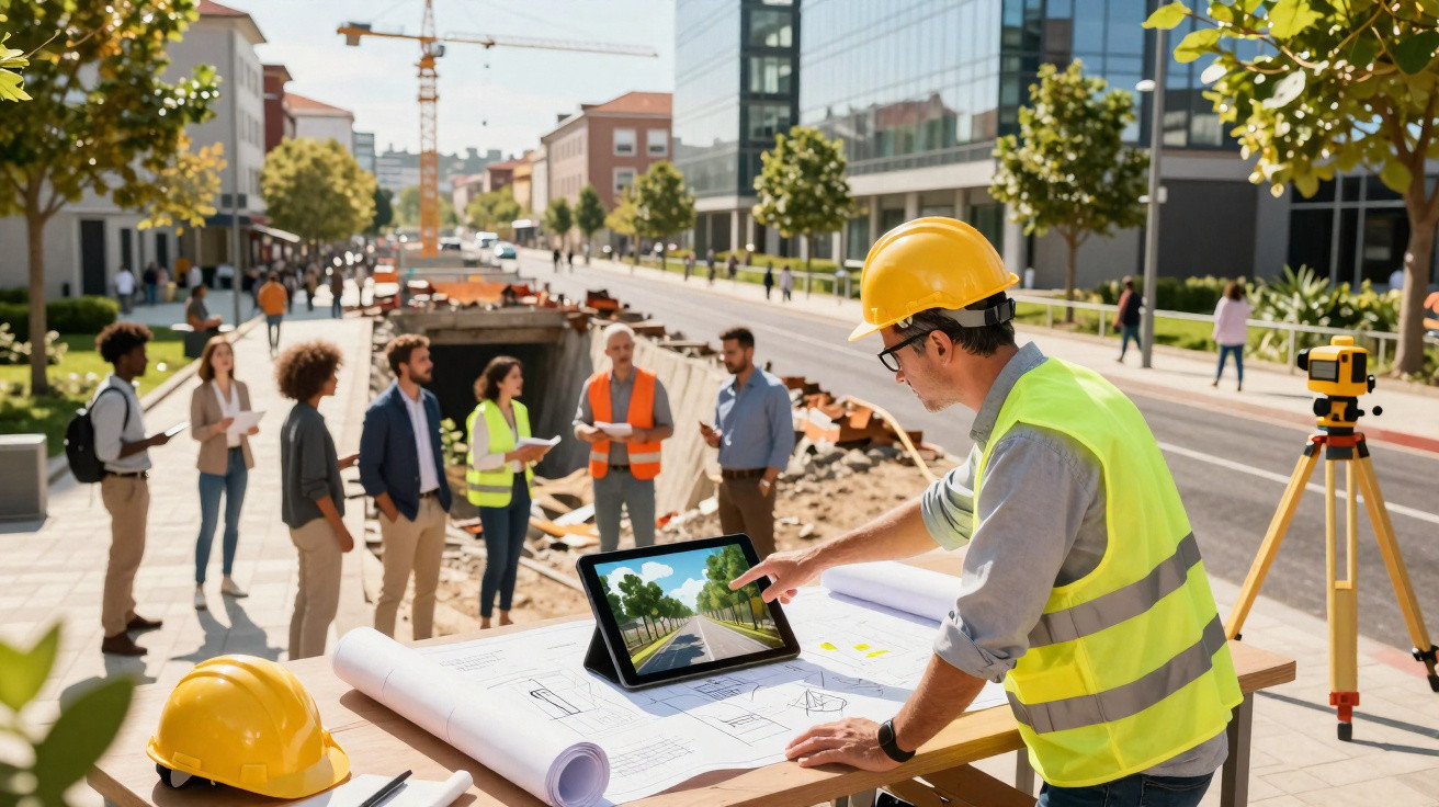 Engenheiro civil com capacete e colete verifica projeto digital em obra urbana moderna.