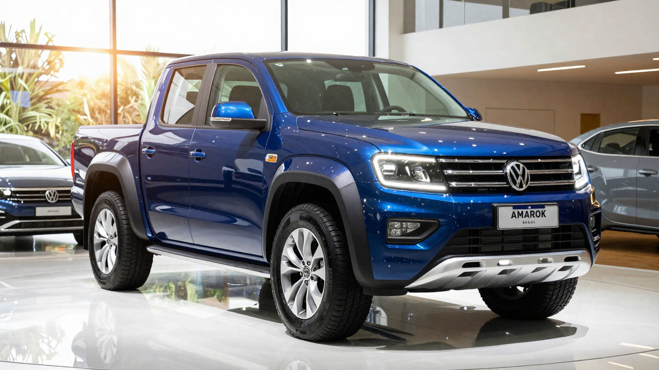 Picape Volkswagen Amarok azul exposta em showroom moderno com piso branco e iluminação natural.