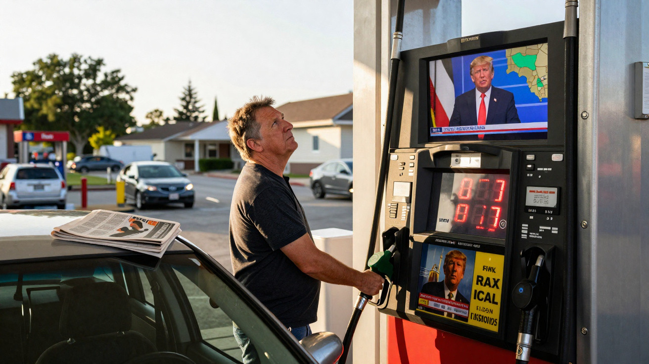 Homem abastece carro e assiste notícia sobre política com imagem de Donald Trump na bomba de combustível.