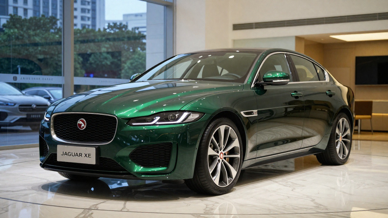 Carro sedan Jaguar XE verde metálico exibido em showroom com piso de mármore.