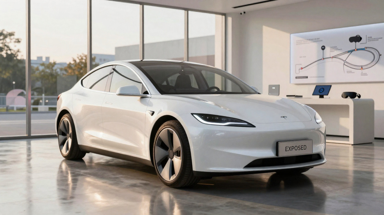 Carro elétrico branco modelo Tesla exibido em showroom moderno com janelas amplas e objetos tecnológicos ao fundo.
