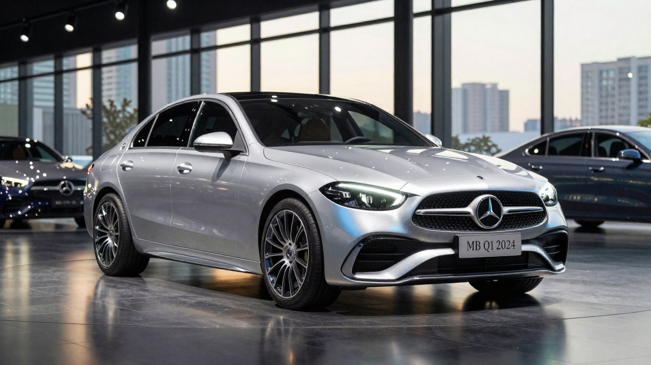 Carro prata Mercedes-Benz modelo MB Q1 2024 em showroom moderno com janelas grandes e outros carros ao fundo.