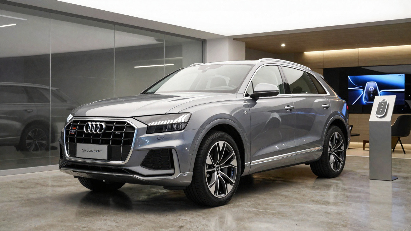 Audi Q9 Concept cinza estacionado em showroom moderno com piso brilhante e vidro ao fundo.